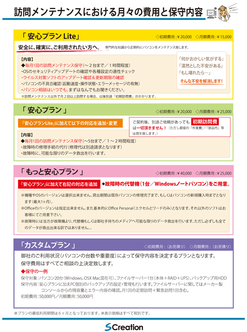 訪問メンテナンス料金表